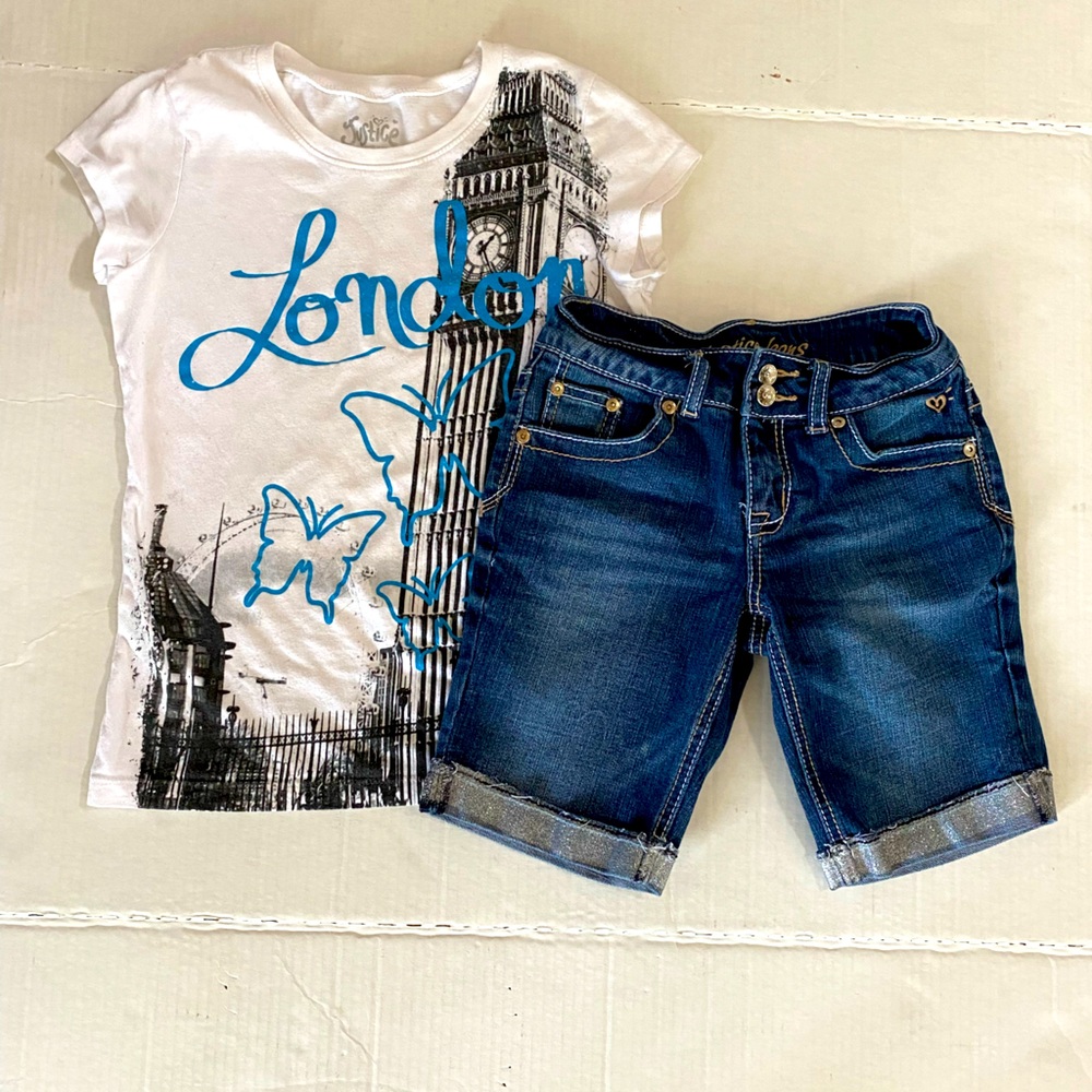 Justice Girls Denim Shorts/London Scene Shirt set Size 10 Shirt &10 Slim Shorts